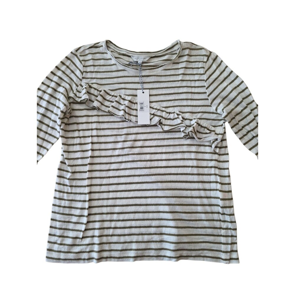 Lucky Brand Women’s Striped Ruffle Top Size S New‎ With Tags Green White Cotton